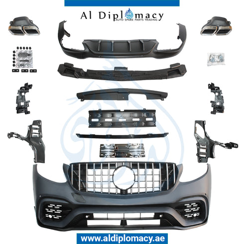 Front Rear X253 GLC 63 AMG GLC CLASS X253 2018 LOOK FIT 2015-2018. Bumper, Diffuser, AND EXHAUST for Mercedes-Benz GLC Class W253 (2015-2022) models, Part Number T-W253-GLC 63 2018 STYLE BODYKIT-2015-CO